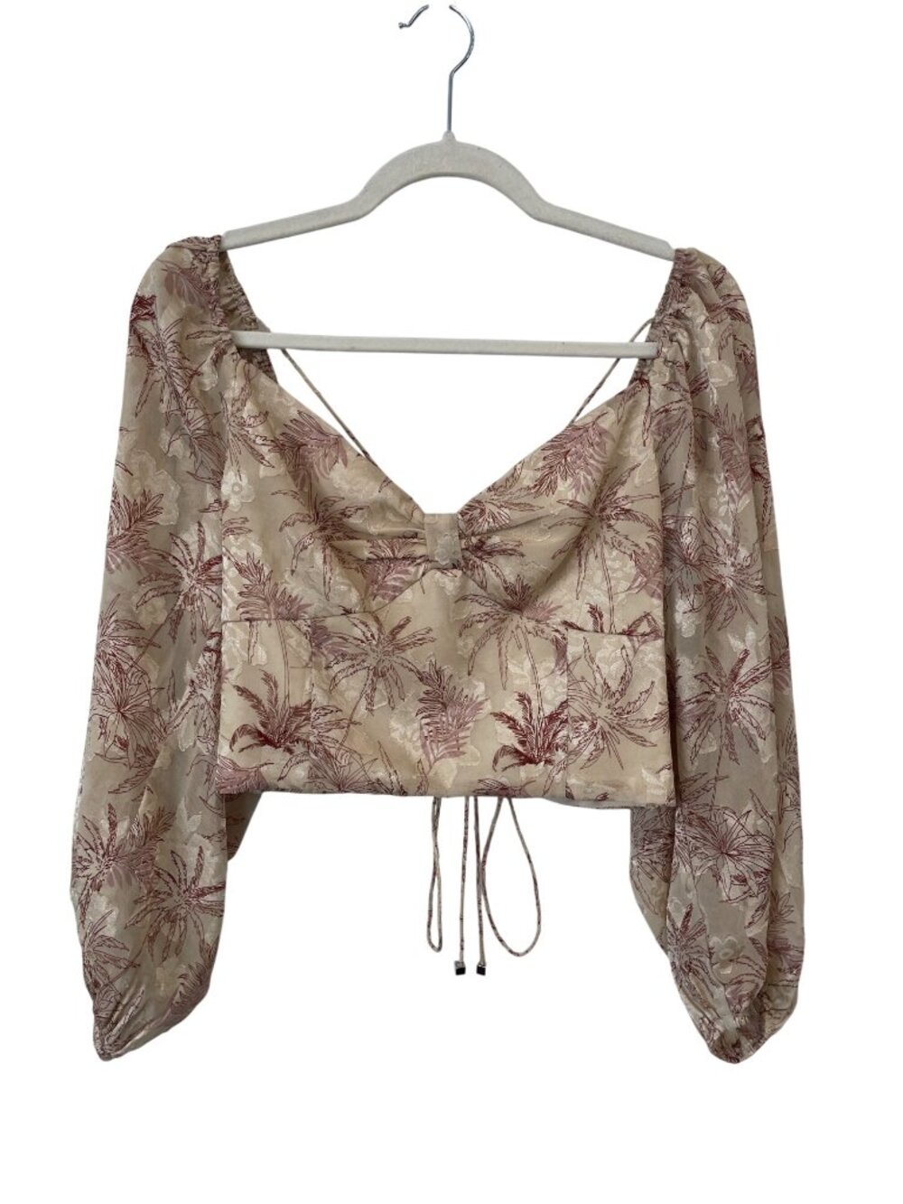 ACOA Crop Top Large Tie Back Nude Floral Palm Print Chiffon Bohemian Cottagecore